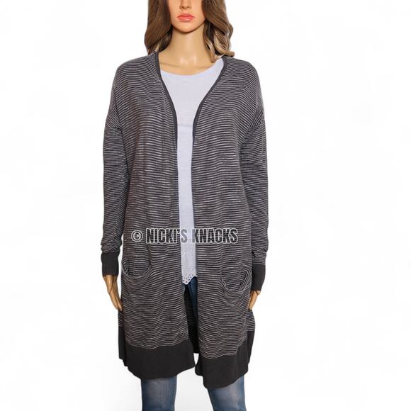 Allison Joy Gray White Striped Ottoman Knit Open Front Longline Cardigan Size M - Picture 2 of 7
